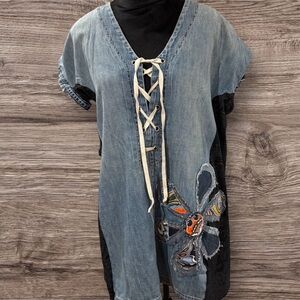 Denim Lace-Up Top with Butterfly Patch